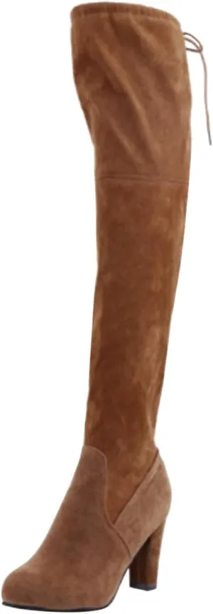 Knee High Boots for Women Stretchy Thigh High Boots Pull String Chunk Heel Combat Boots Dress Tall Boots