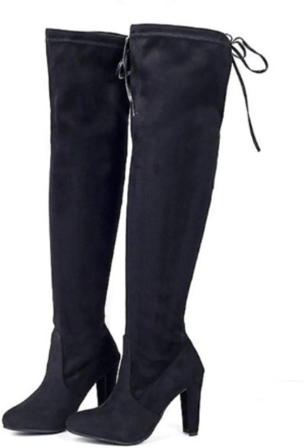 Knee High Boots for Women Stretchy Thigh High Boots Pull String Chunk Heel Combat Boots Dress Tall Boots