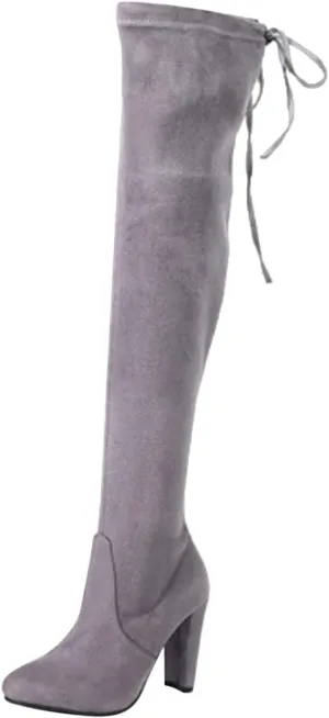 Knee High Boots for Women Stretchy Thigh High Boots Pull String Chunk Heel Combat Boots Dress Tall Boots