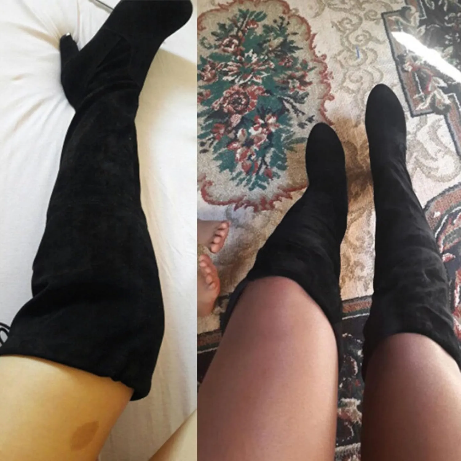 Knee High Boots for Women Stretchy Thigh High Boots Pull String Chunk Heel Combat Boots Dress Tall Boots