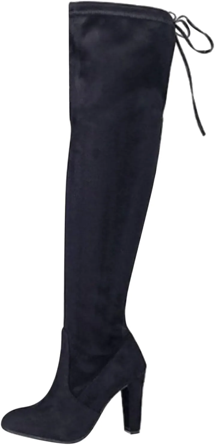 Knee High Boots for Women Stretchy Thigh High Boots Pull String Chunk Heel Combat Boots Dress Tall Boots