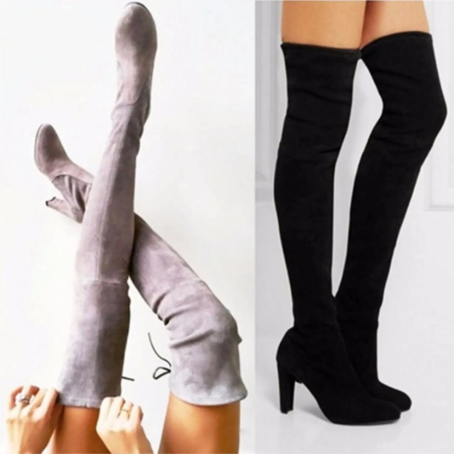Knee High Boots for Women Stretchy Thigh High Boots Pull String Chunk Heel Combat Boots Dress Tall Boots