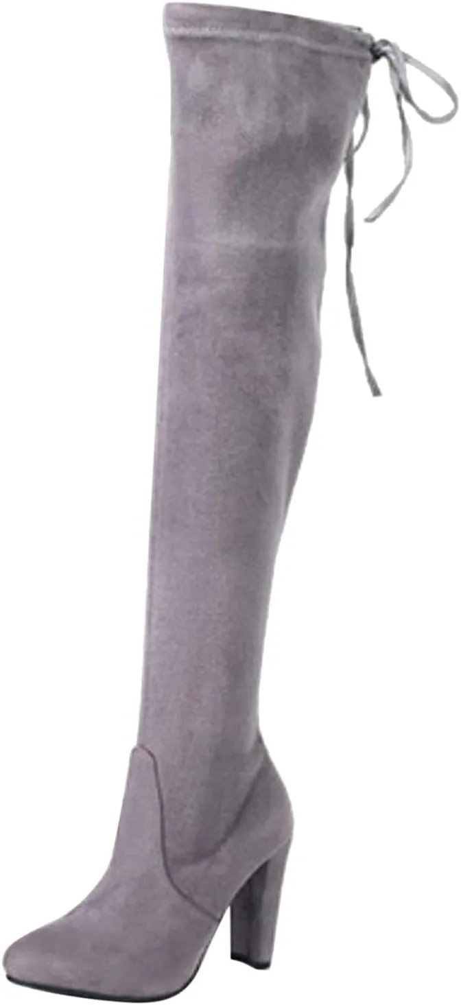 Knee High Boots for Women Stretchy Thigh High Boots Pull String Chunk Heel Combat Boots Dress Tall Boots