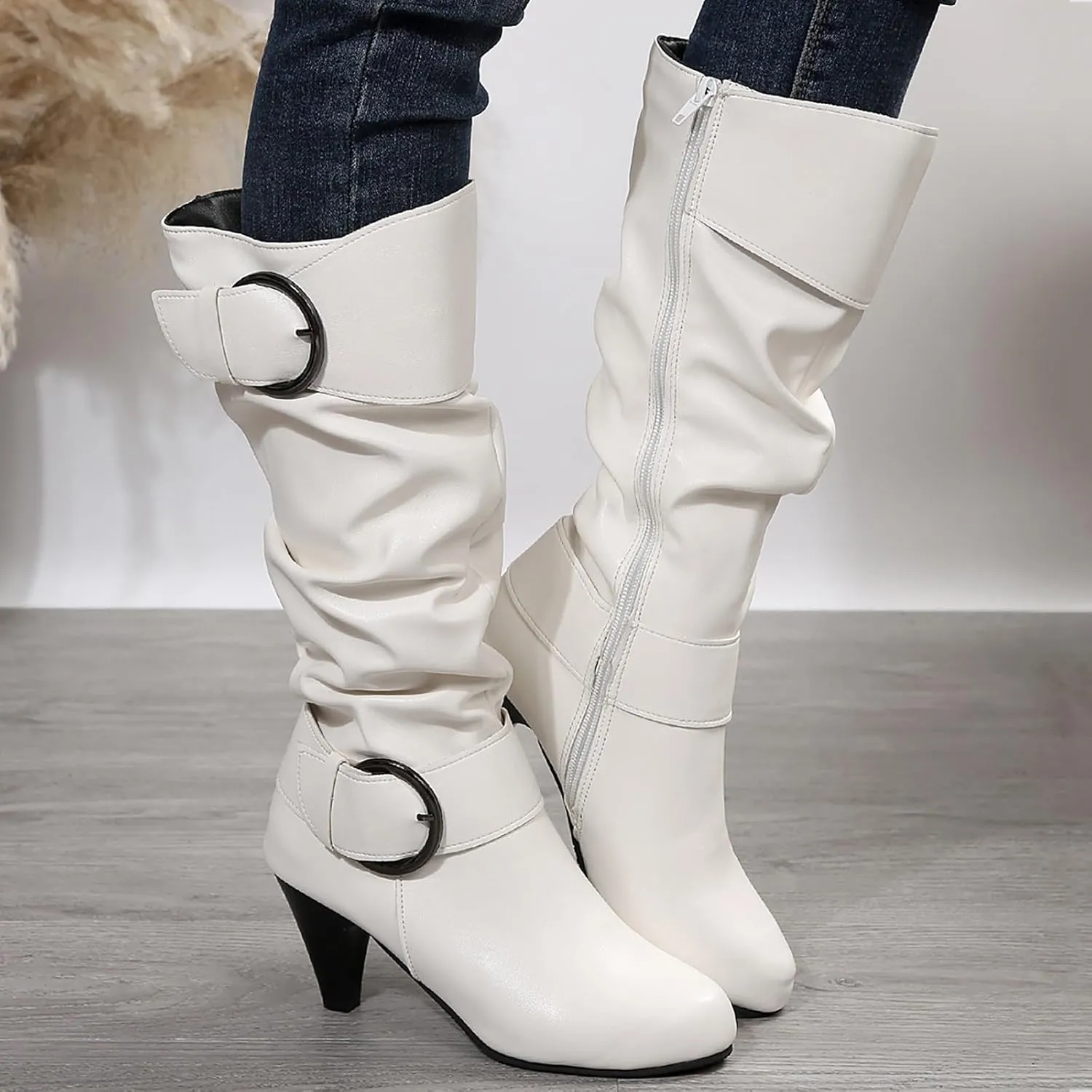 Knee High Boots Women Fashion Cute Round Toe Boots Buckle Side Zipper Dress Boots Mid Heel Mid Calf Boots
