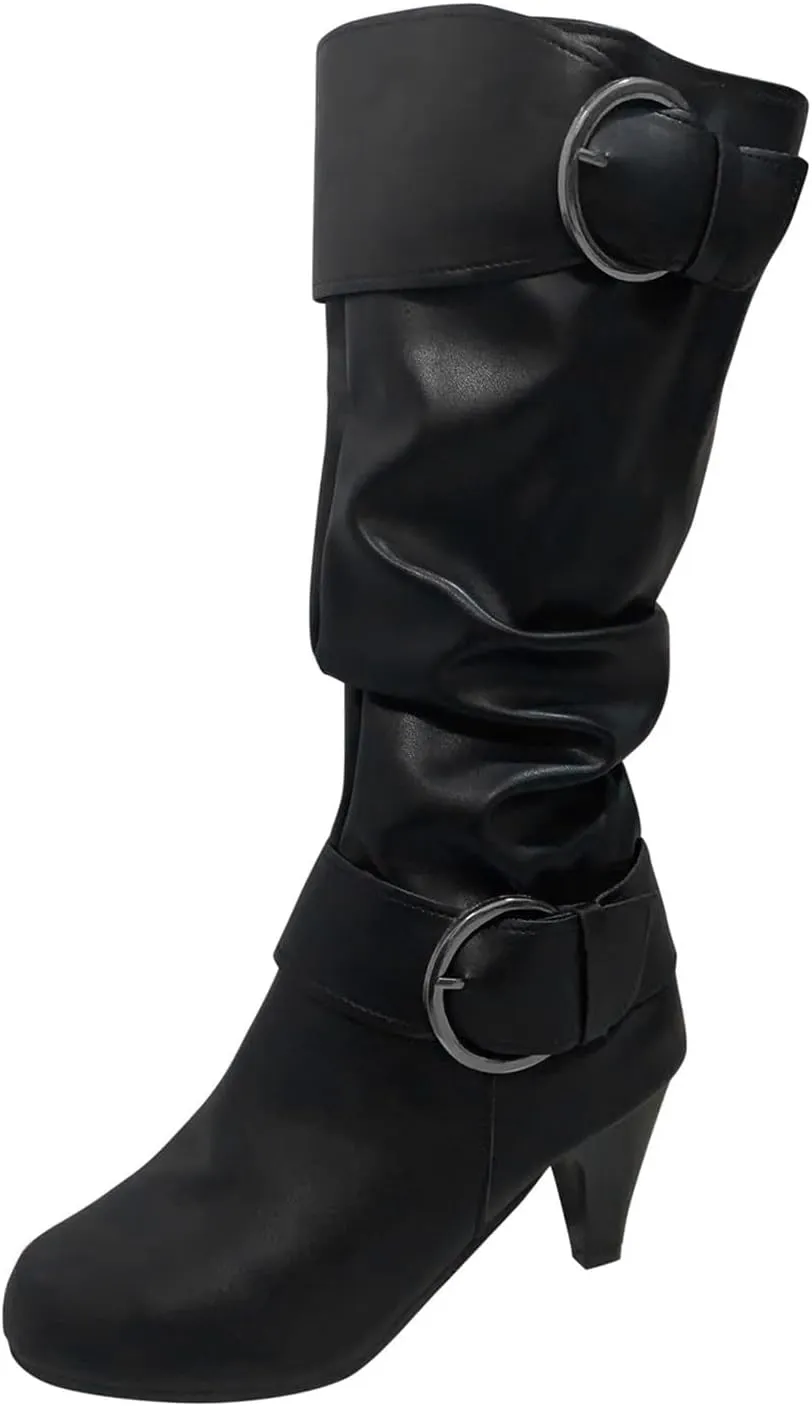 Knee High Boots Women Fashion Cute Round Toe Boots Buckle Side Zipper Dress Boots Mid Heel Mid Calf Boots