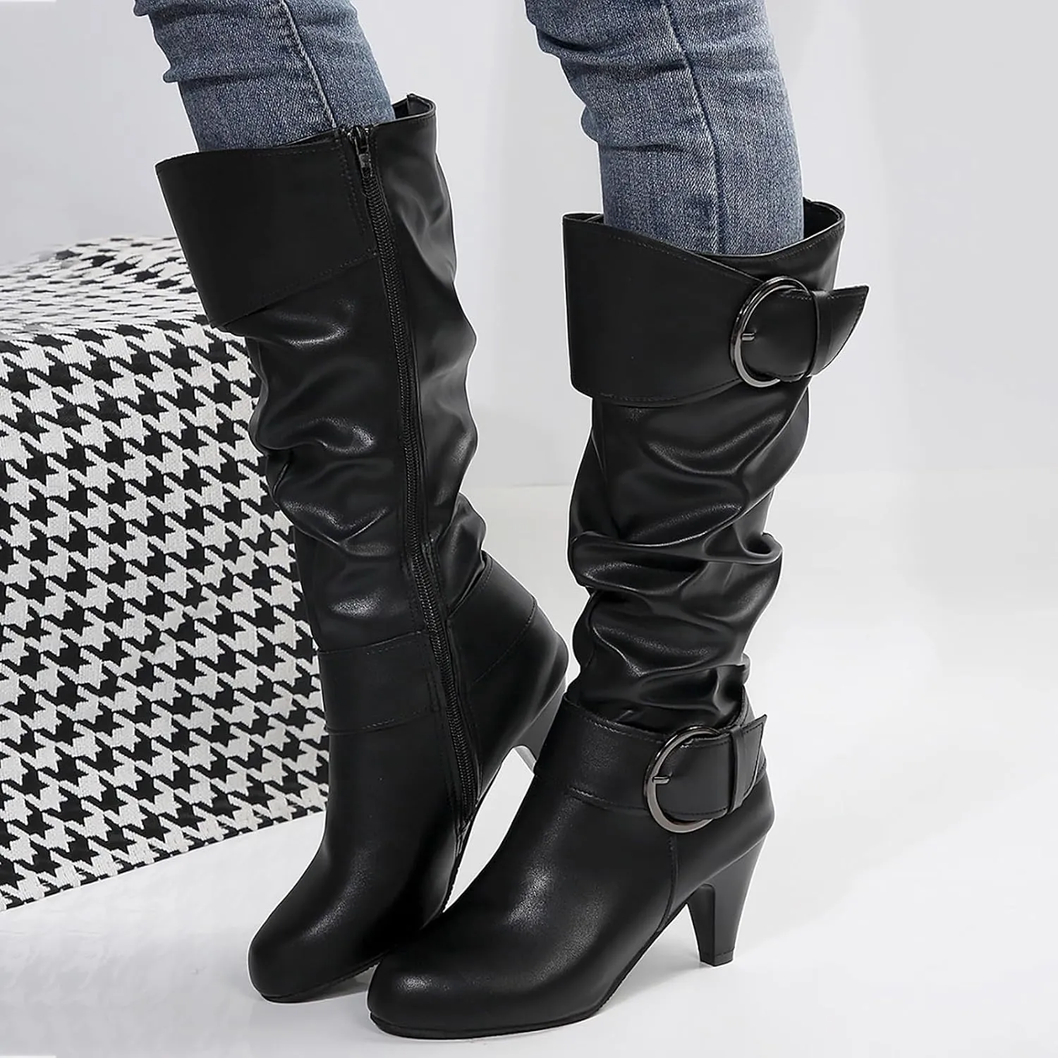 Knee High Boots Women Fashion Cute Round Toe Boots Buckle Side Zipper Dress Boots Mid Heel Mid Calf Boots