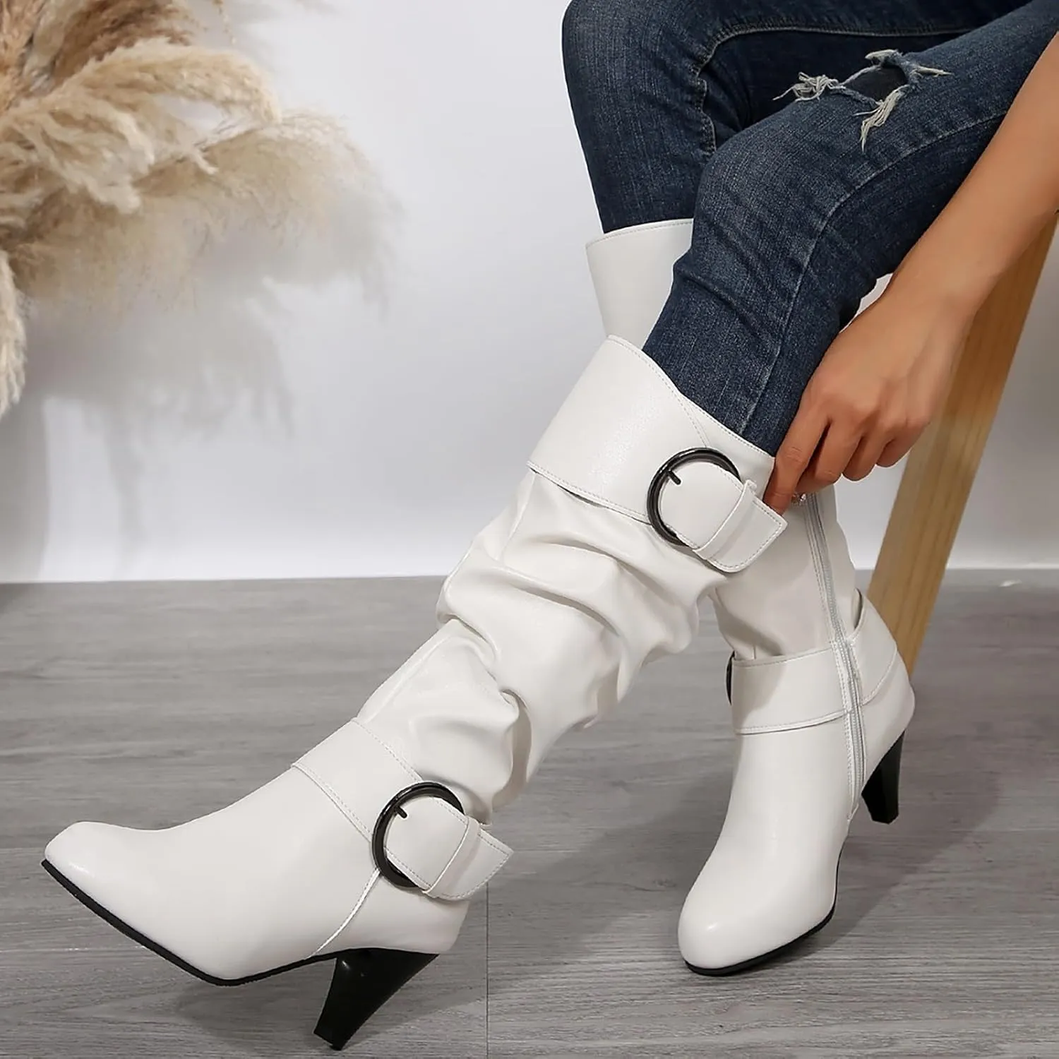 Knee High Boots Women Fashion Cute Round Toe Boots Buckle Side Zipper Dress Boots Mid Heel Mid Calf Boots