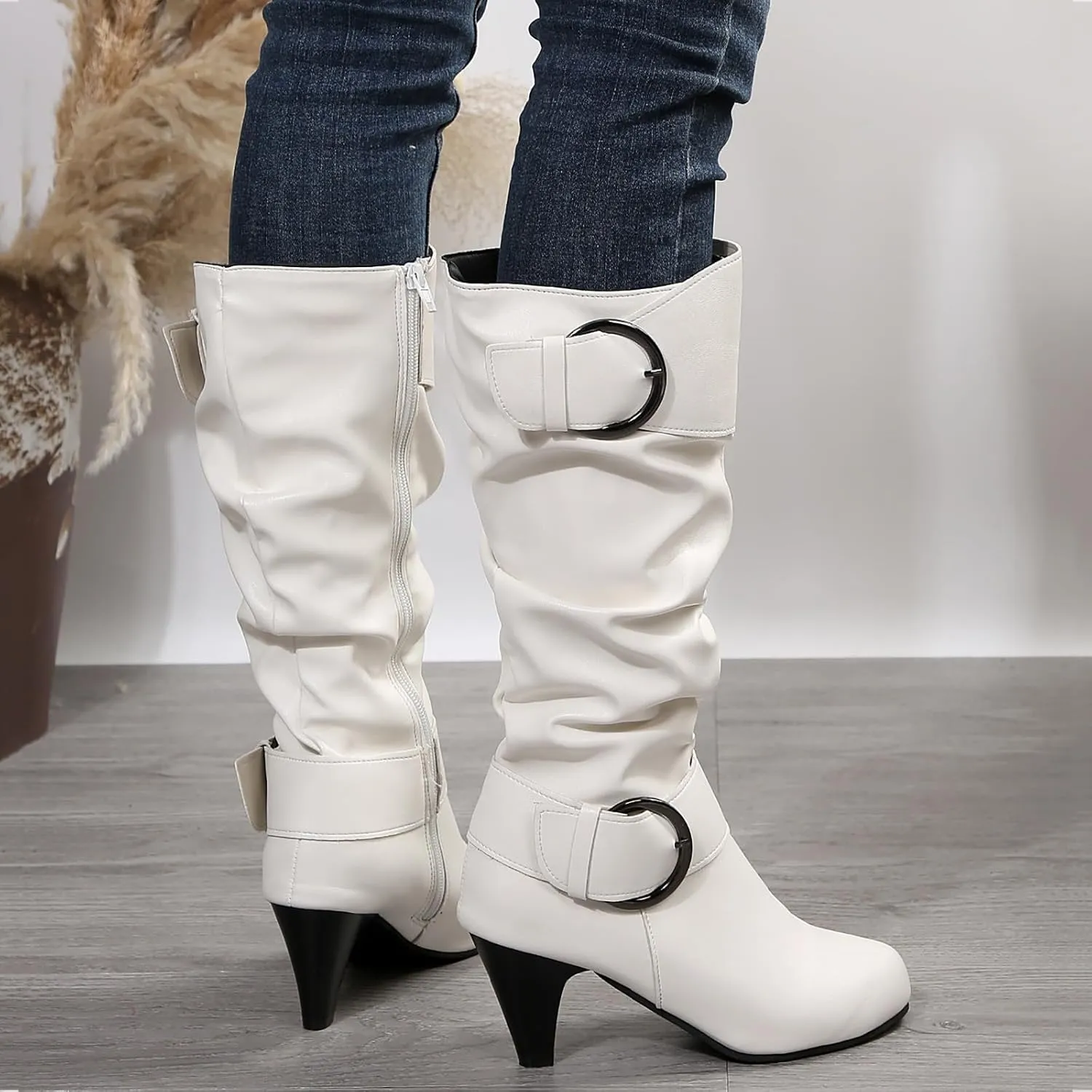 Knee High Boots Women Fashion Cute Round Toe Boots Buckle Side Zipper Dress Boots Mid Heel Mid Calf Boots