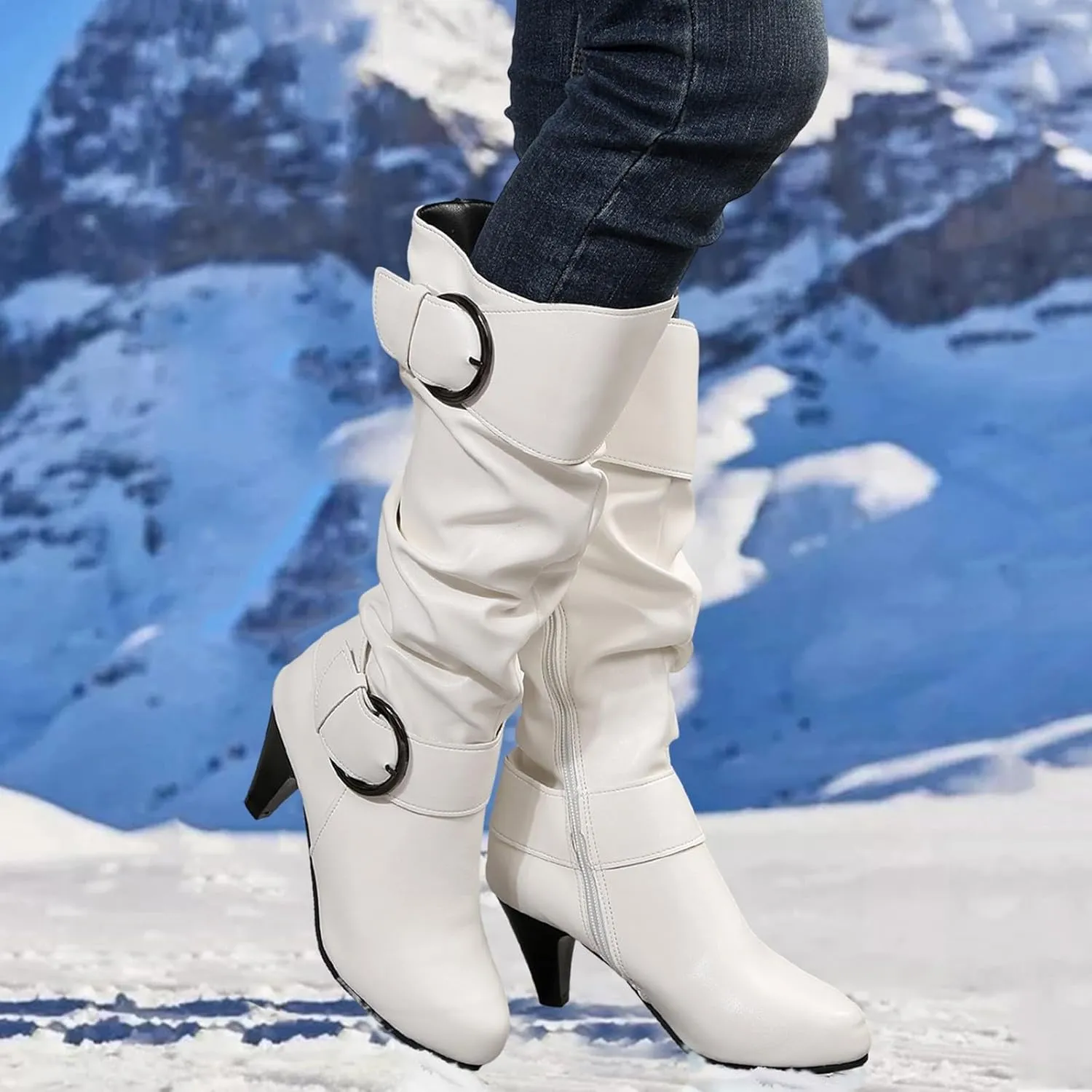Knee High Boots Women Fashion Cute Round Toe Boots Buckle Side Zipper Dress Boots Mid Heel Mid Calf Boots