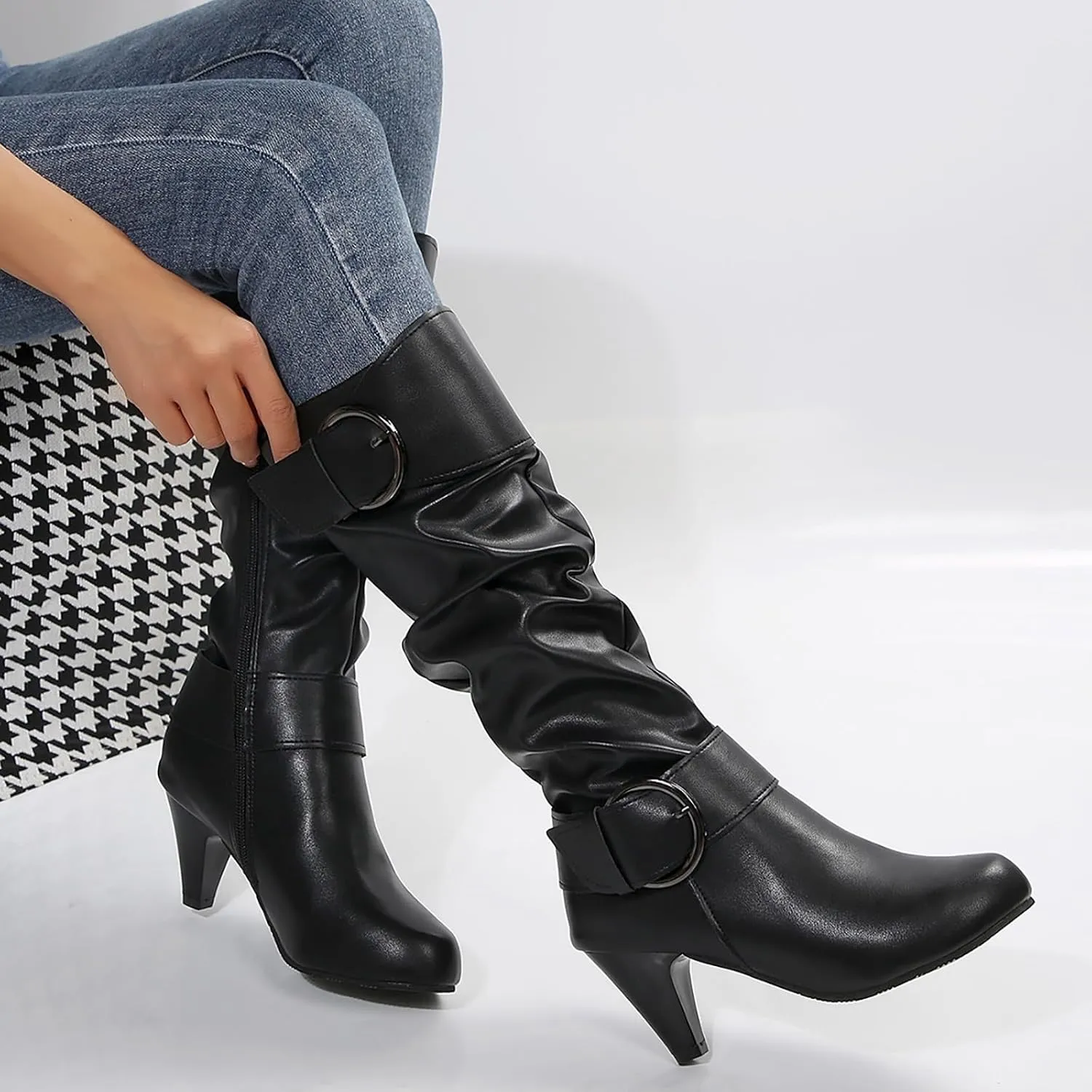 Knee High Boots Women Fashion Cute Round Toe Boots Buckle Side Zipper Dress Boots Mid Heel Mid Calf Boots