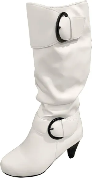 Knee High Boots Women Fashion Cute Round Toe Boots Buckle Side Zipper Dress Boots Mid Heel Mid Calf Boots
