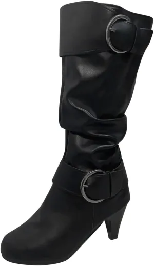 Knee High Boots Women Fashion Cute Round Toe Boots Buckle Side Zipper Dress Boots Mid Heel Mid Calf Boots