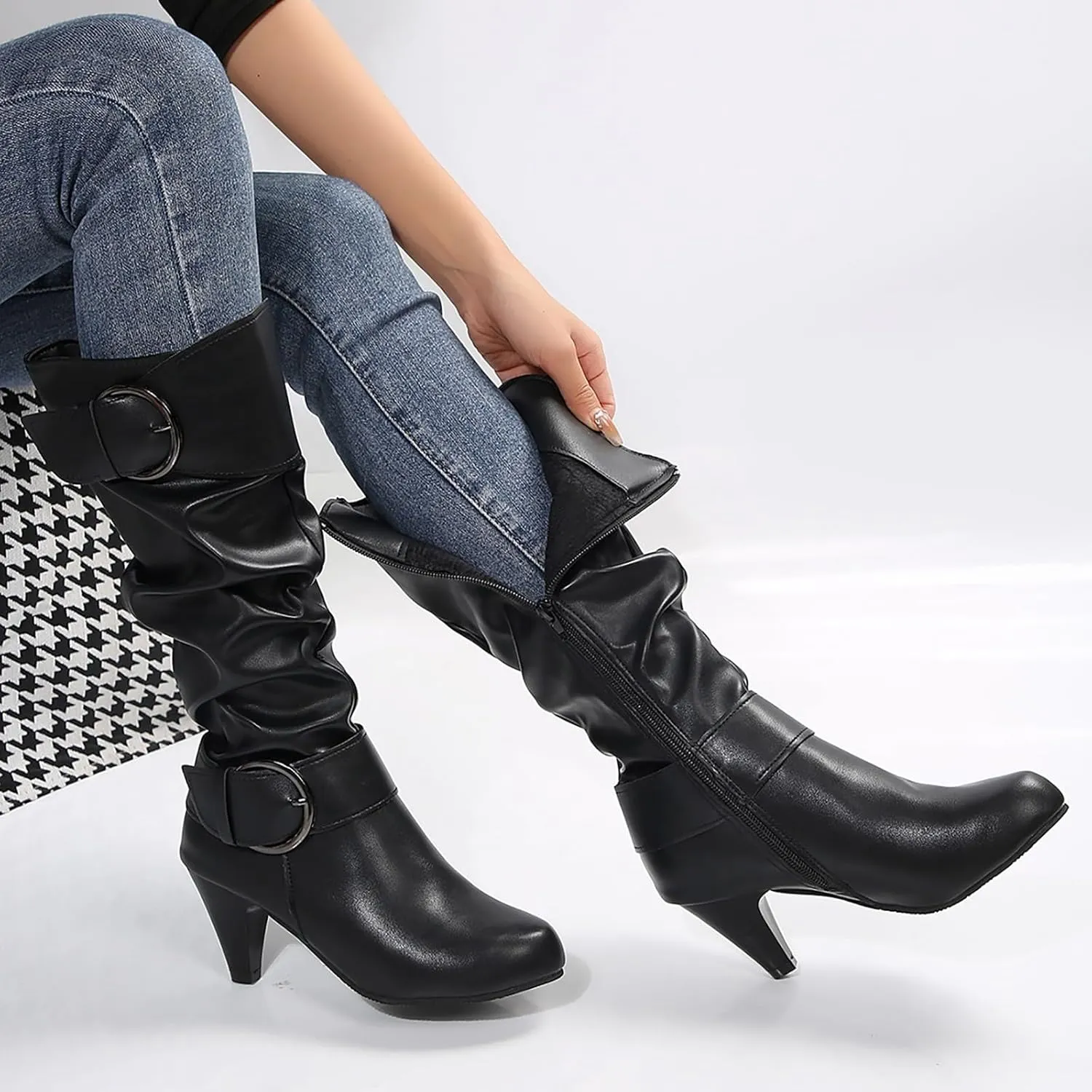 Knee High Boots Women Fashion Cute Round Toe Boots Buckle Side Zipper Dress Boots Mid Heel Mid Calf Boots
