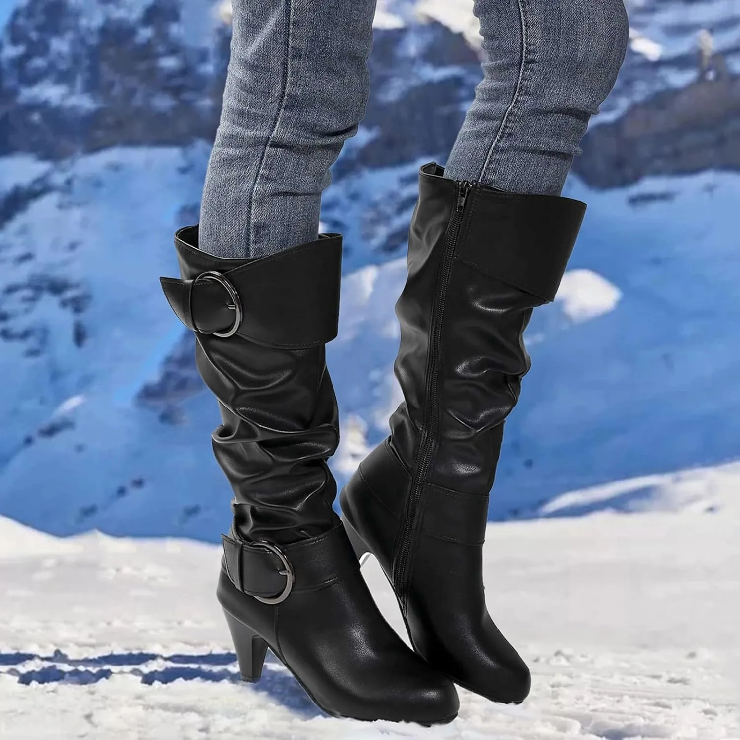Knee High Boots Women Fashion Cute Round Toe Boots Buckle Side Zipper Dress Boots Mid Heel Mid Calf Boots