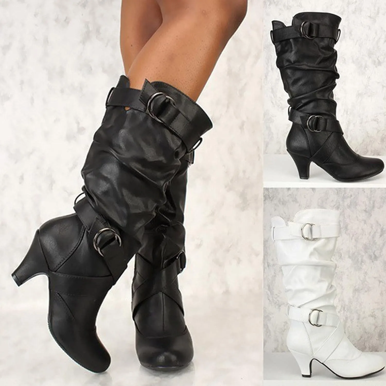 Knee High Boots Women Fashion Cute Round Toe Boots Buckle Side Zipper Dress Boots Mid Heel Mid Calf Boots