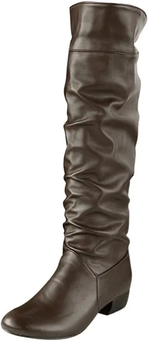 Knee High Boots Women Pointed Toe Pull on Flat Boots Side Zipper Long Boots High Wrinkled Slouchy Boots
