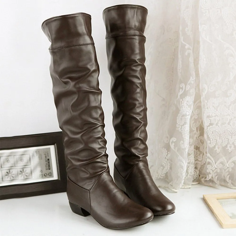 Knee High Boots Women Pointed Toe Pull on Flat Boots Side Zipper Long Boots High Wrinkled Slouchy Boots