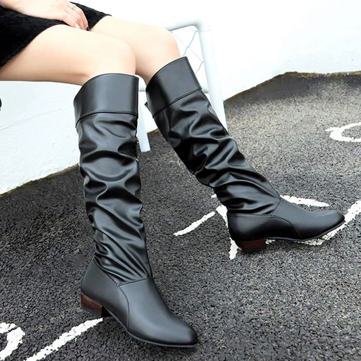 Knee High Boots Women Pointed Toe Pull on Flat Boots Side Zipper Long Boots High Wrinkled Slouchy Boots