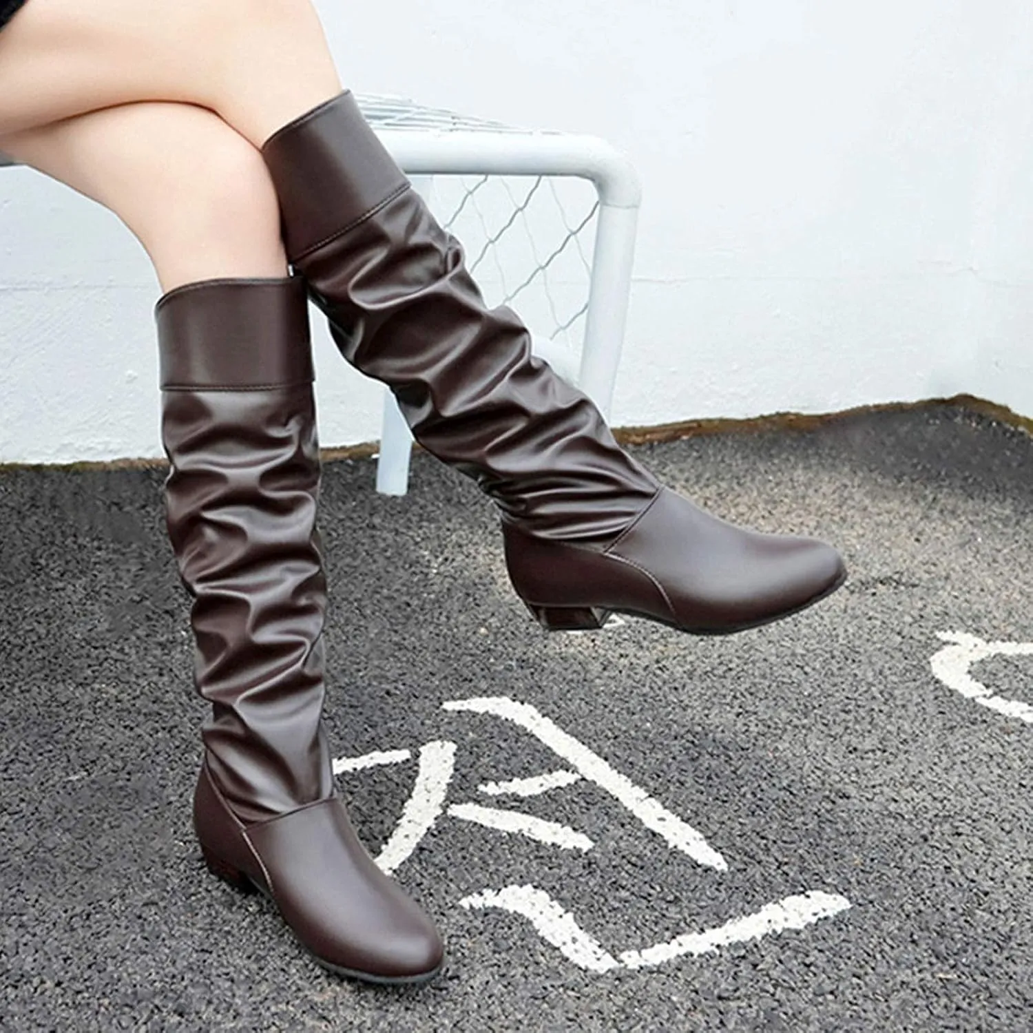 Knee High Boots Women Pointed Toe Pull on Flat Boots Side Zipper Long Boots High Wrinkled Slouchy Boots