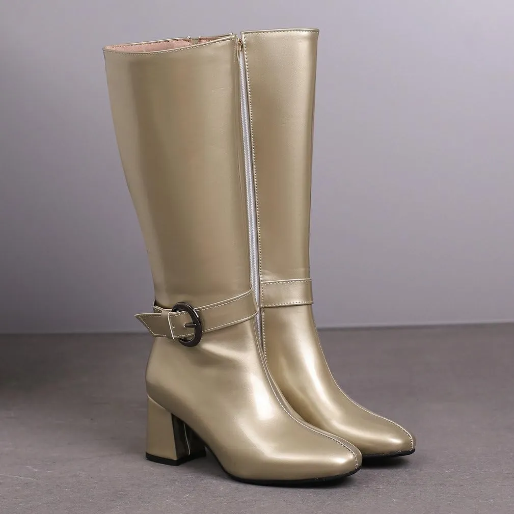 KOKOMOMO Shiny Metallic Boots Patent Square Toe Knee High Heeled Boots Gogo Boots