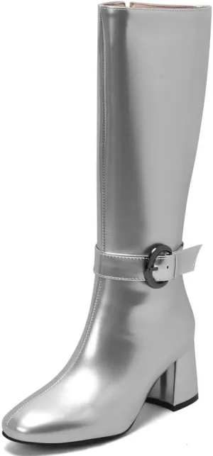KOKOMOMO Shiny Metallic Boots Patent Square Toe Knee High Heeled Boots Gogo Boots
