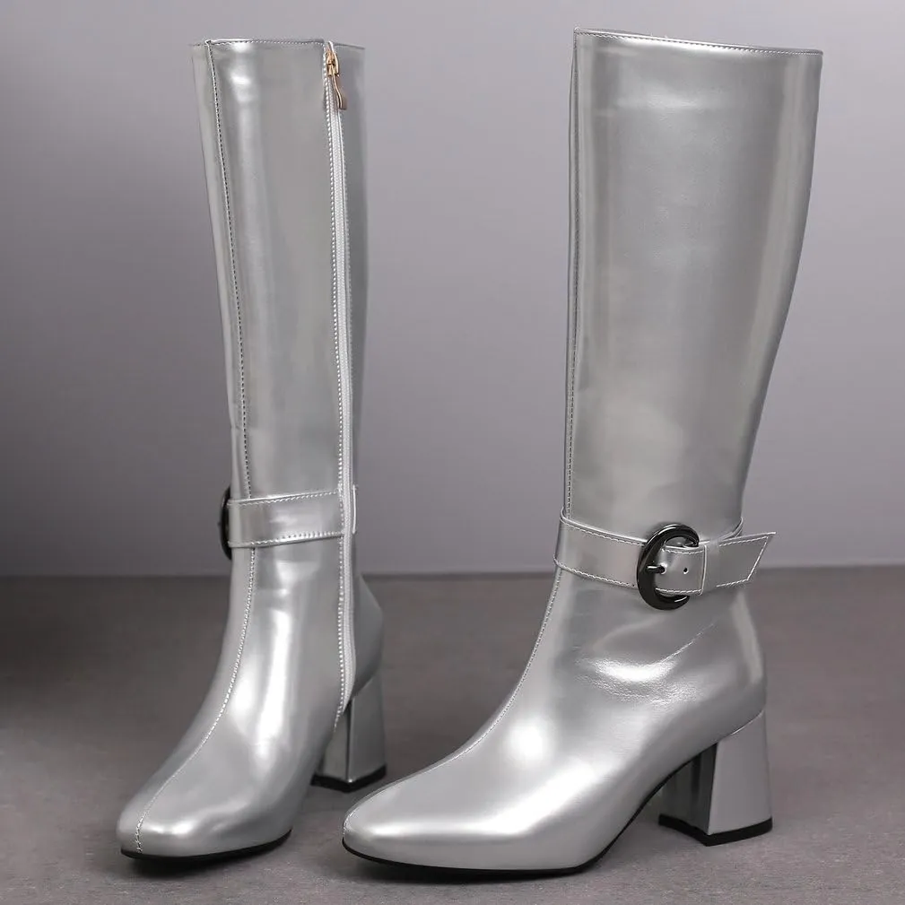 KOKOMOMO Shiny Metallic Boots Patent Square Toe Knee High Heeled Boots Gogo Boots