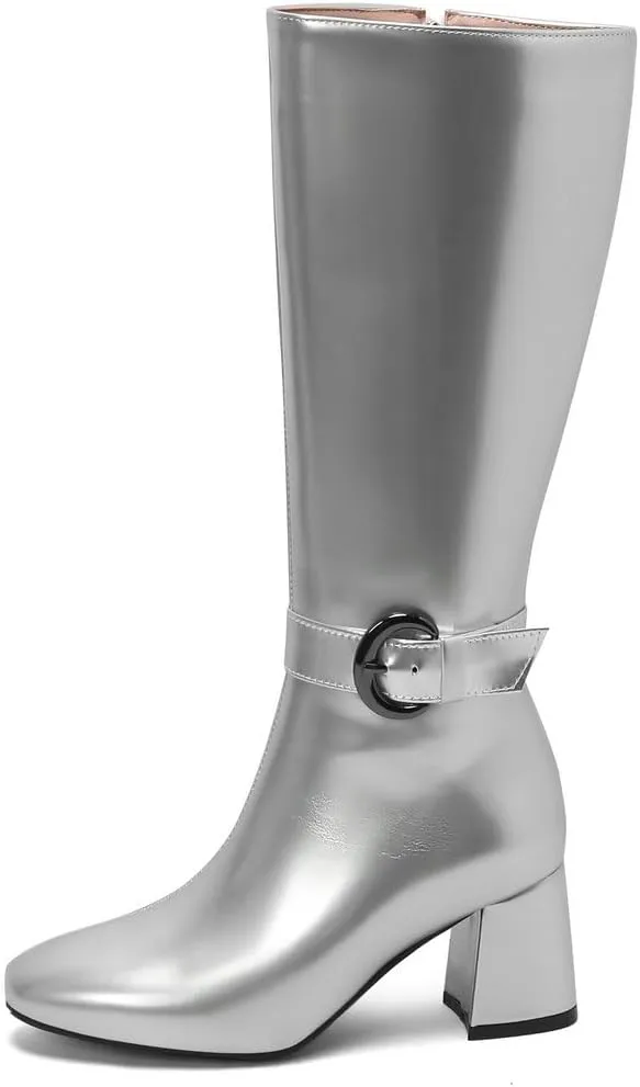 KOKOMOMO Shiny Metallic Boots Patent Square Toe Knee High Heeled Boots Gogo Boots
