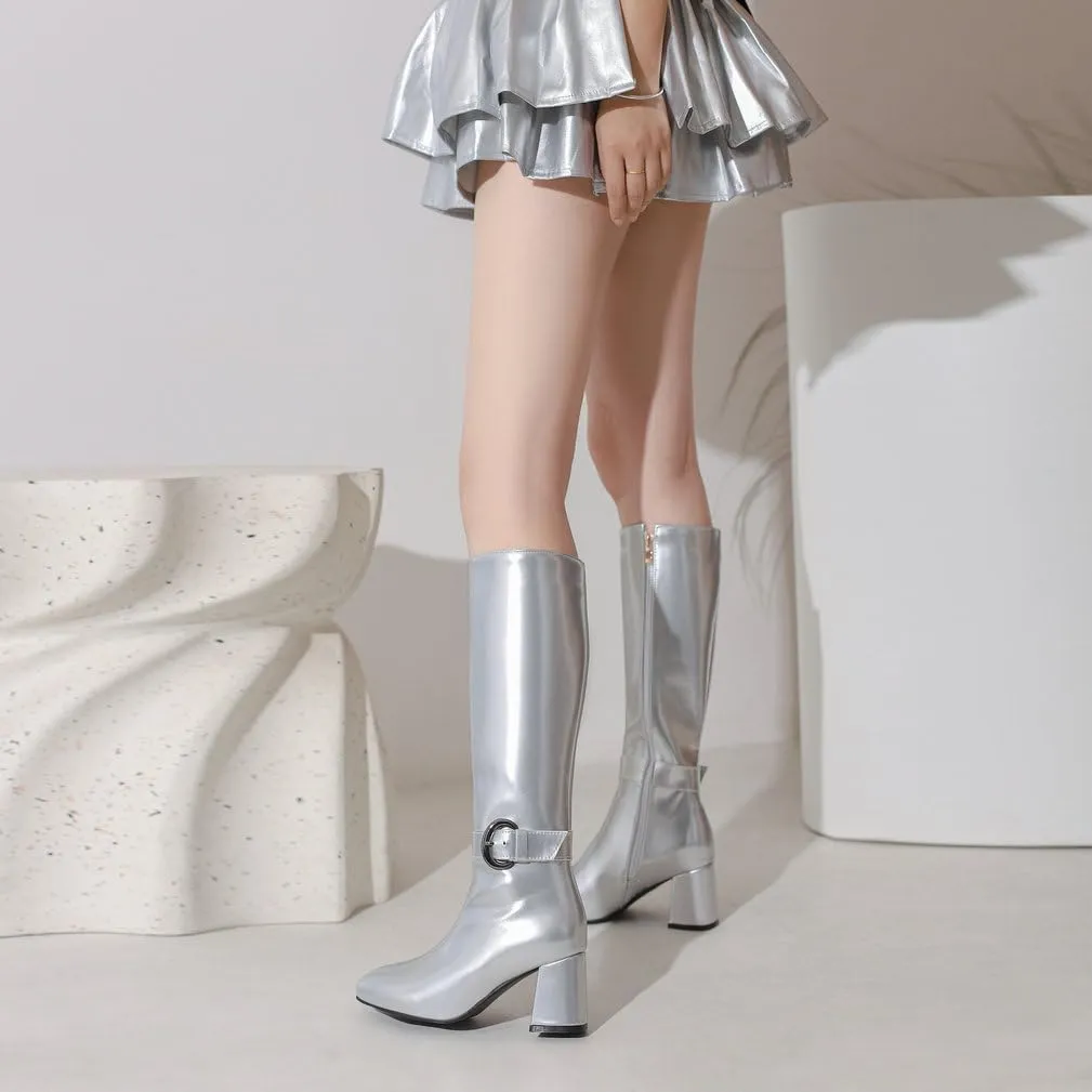KOKOMOMO Shiny Metallic Boots Patent Square Toe Knee High Heeled Boots Gogo Boots