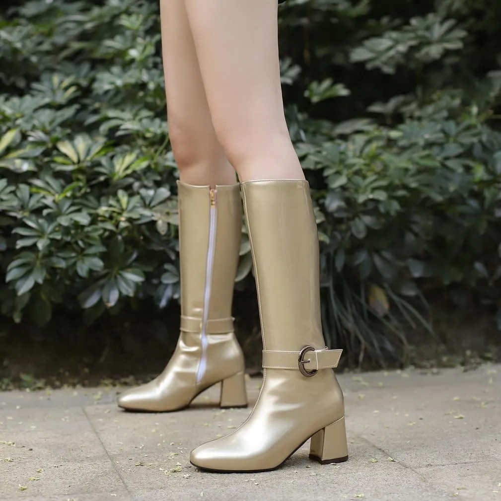KOKOMOMO Shiny Metallic Boots Patent Square Toe Knee High Heeled Boots Gogo Boots