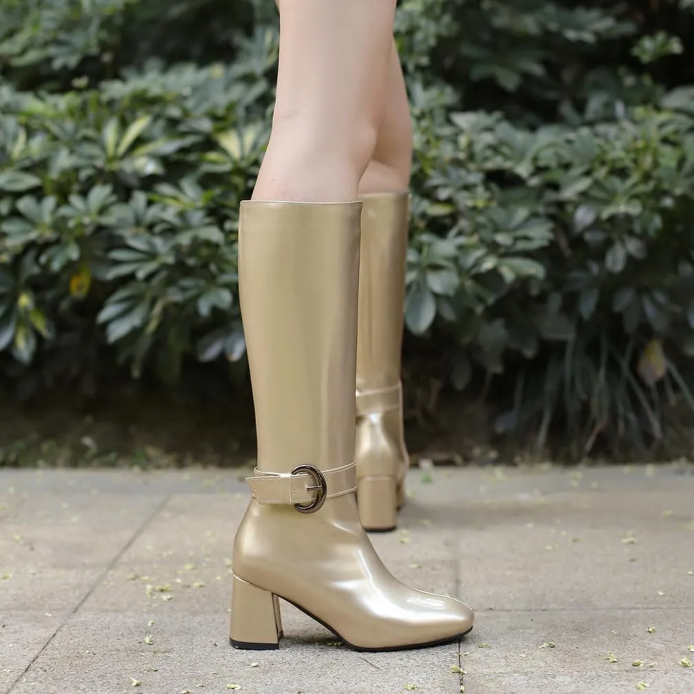 KOKOMOMO Shiny Metallic Boots Patent Square Toe Knee High Heeled Boots Gogo Boots