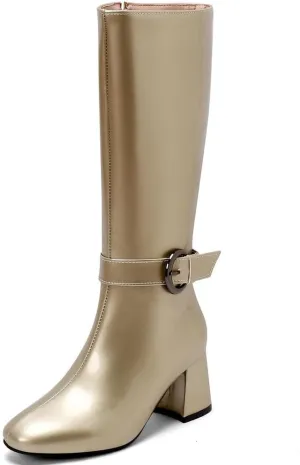 KOKOMOMO Shiny Metallic Boots Patent Square Toe Knee High Heeled Boots Gogo Boots