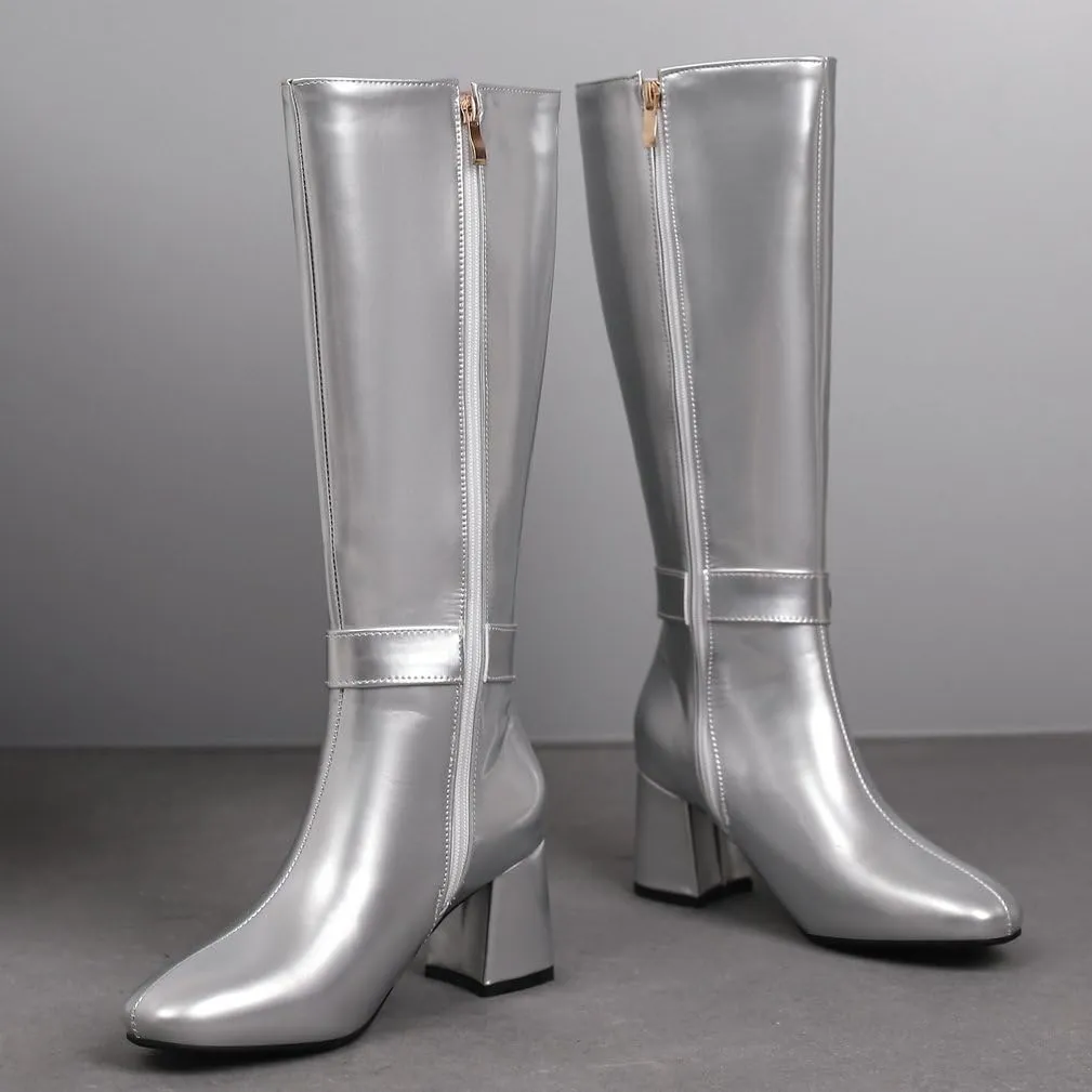 KOKOMOMO Shiny Metallic Boots Patent Square Toe Knee High Heeled Boots Gogo Boots