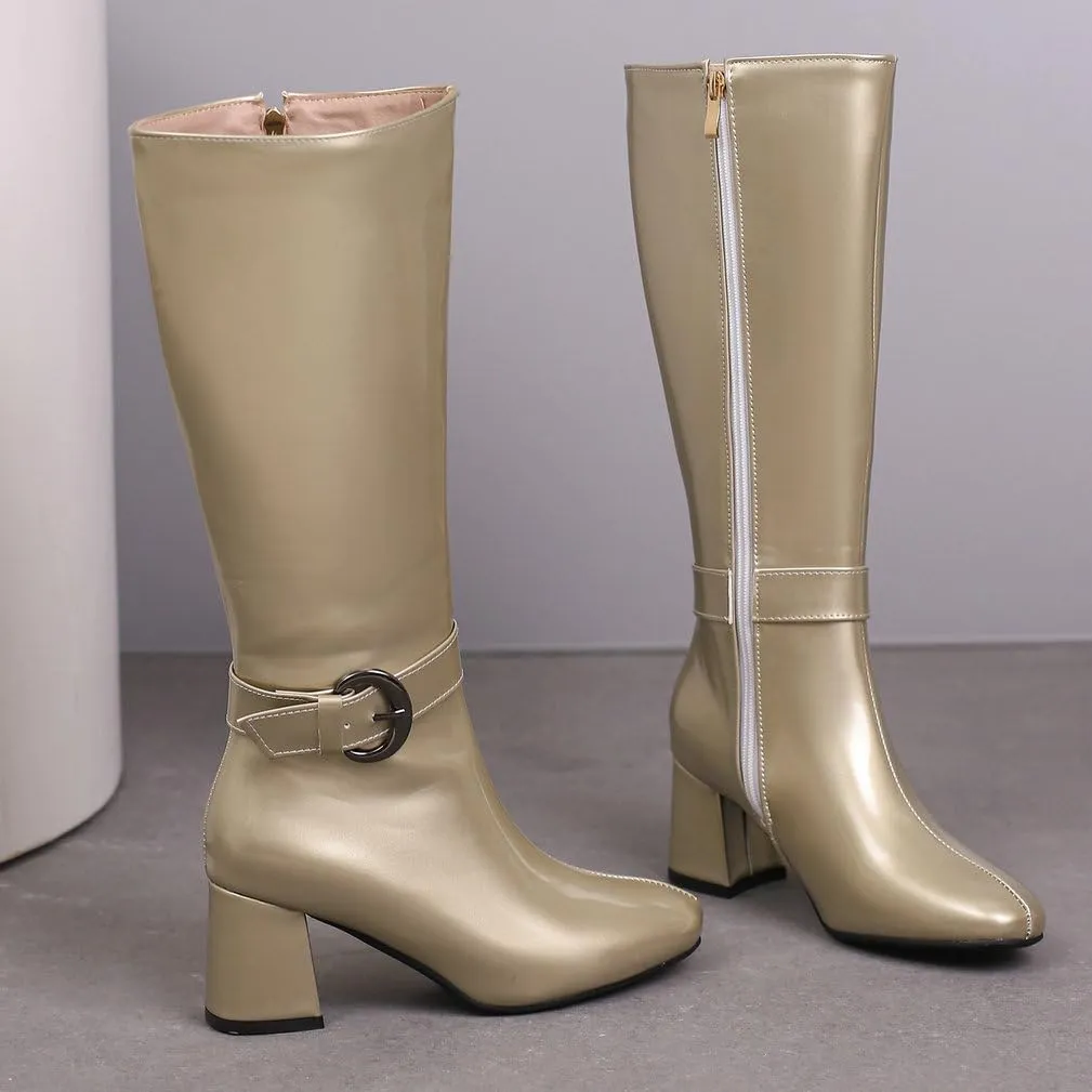 KOKOMOMO Shiny Metallic Boots Patent Square Toe Knee High Heeled Boots Gogo Boots