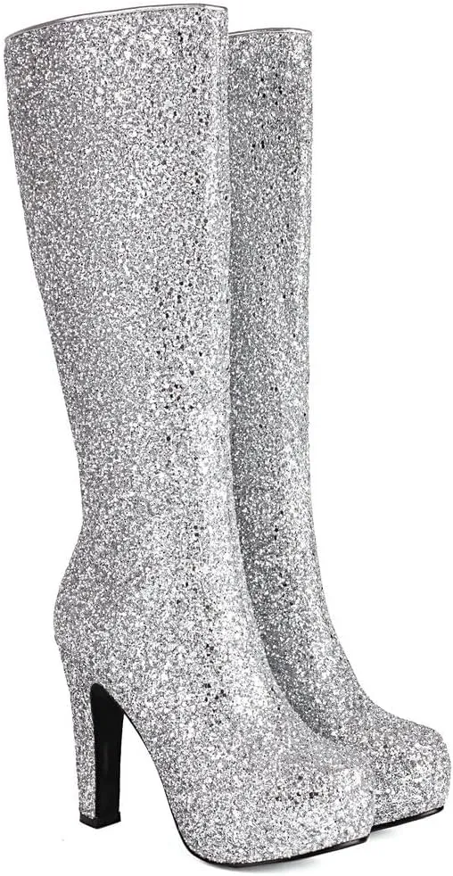 KOKOMOMO Sparkly Glitter Knee High Platform Boots Sequin Chunky Knee High Heeled Boots With Zip Up Wedding Party Shoes