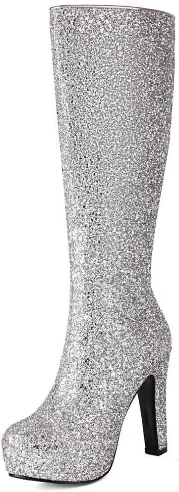 KOKOMOMO Sparkly Glitter Knee High Platform Boots Sequin Chunky Knee High Heeled Boots With Zip Up Wedding Party Shoes