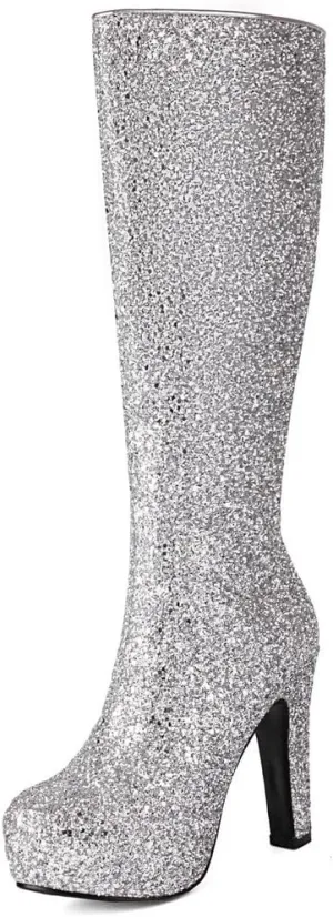 KOKOMOMO Sparkly Glitter Knee High Platform Boots Sequin Chunky Knee High Heeled Boots With Zip Up Wedding Party Shoes
