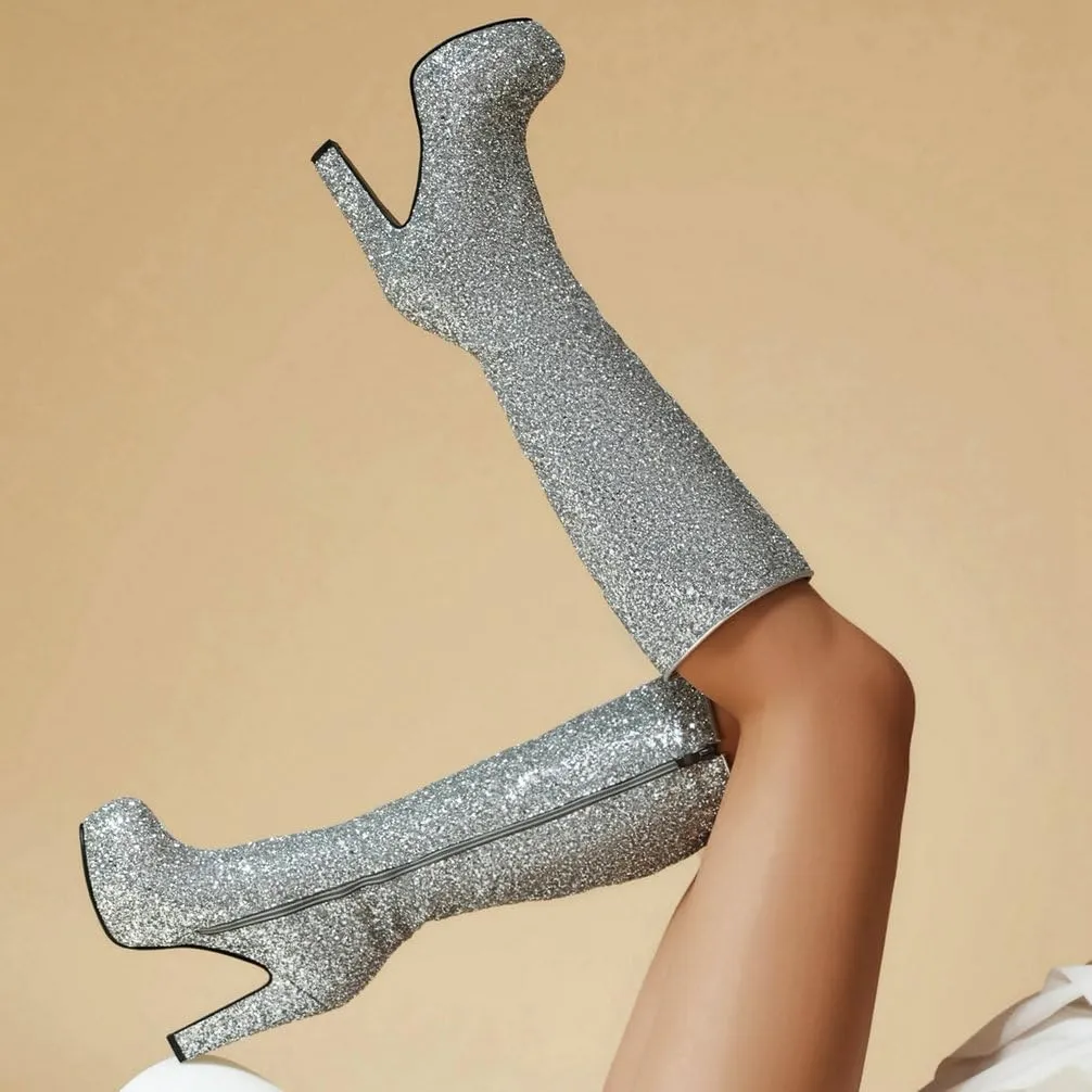 KOKOMOMO Sparkly Glitter Knee High Platform Boots Sequin Chunky Knee High Heeled Boots With Zip Up Wedding Party Shoes