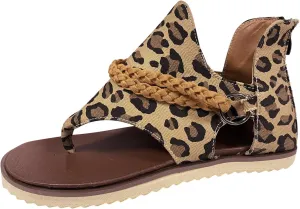 Ladies Fashion Leopard Print Canvas Toe Zipper Casual Flat Sandals Women Sandals