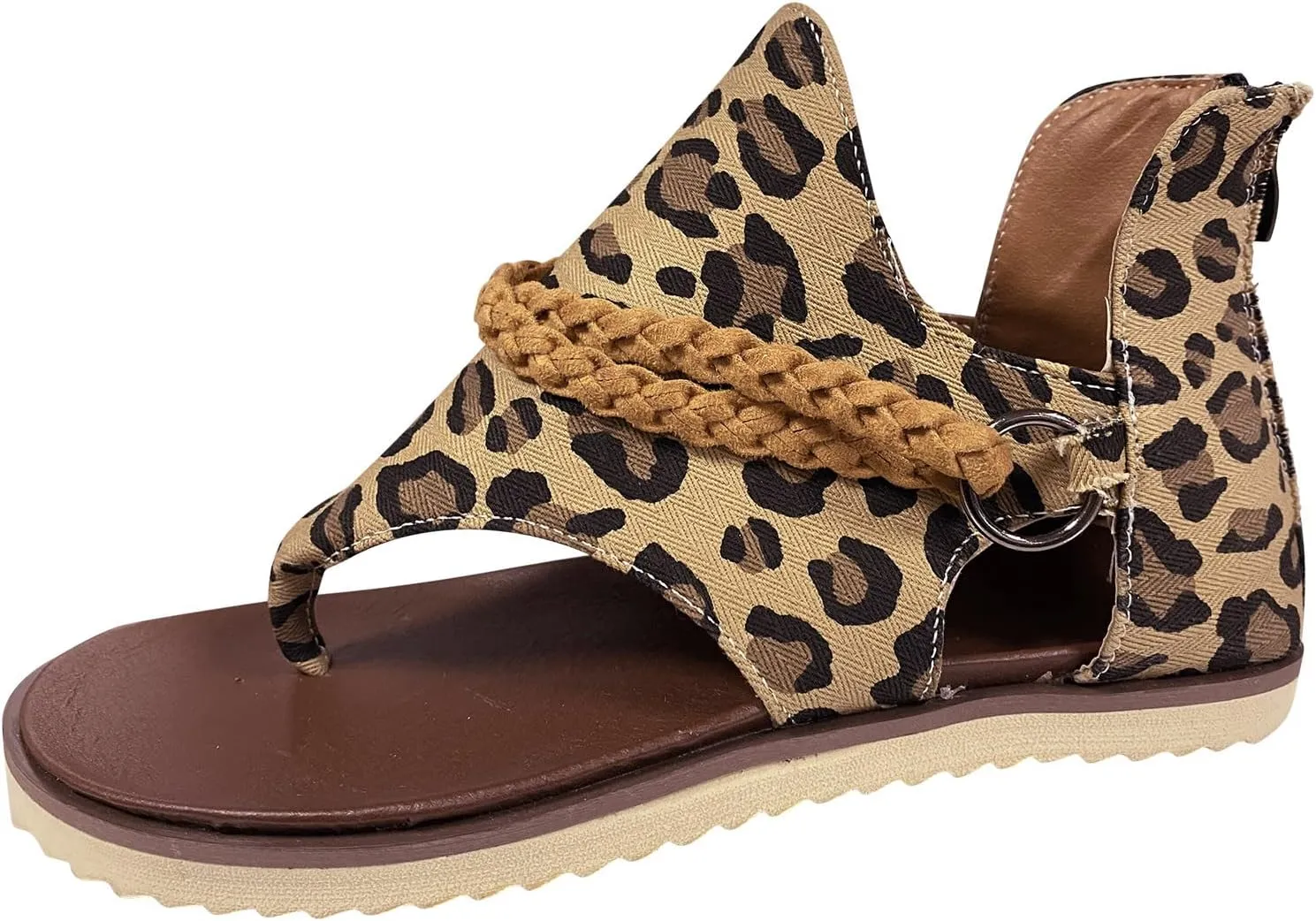 Ladies Fashion Leopard Print Canvas Toe Zipper Casual Flat Sandals Women Sandals