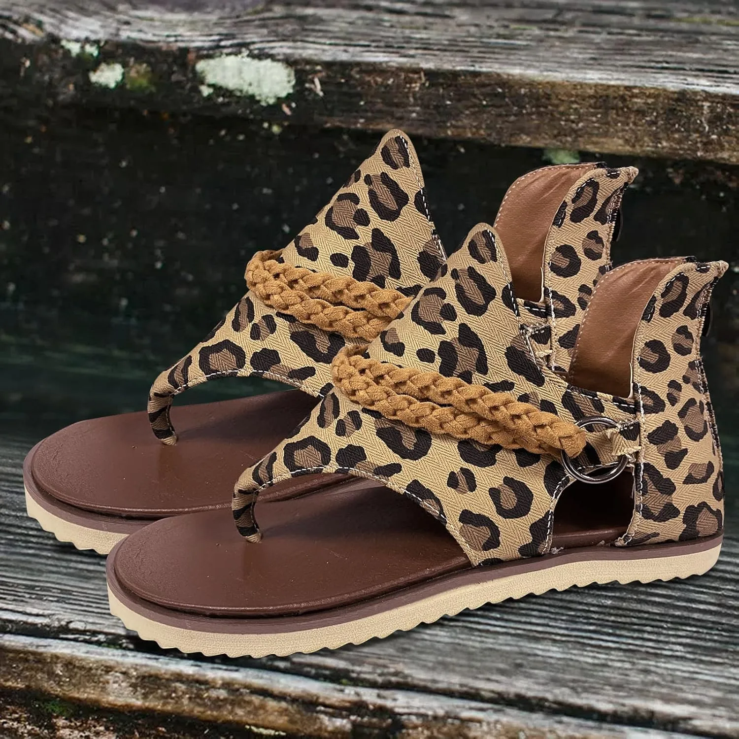 Ladies Fashion Leopard Print Canvas Toe Zipper Casual Flat Sandals Women Sandals