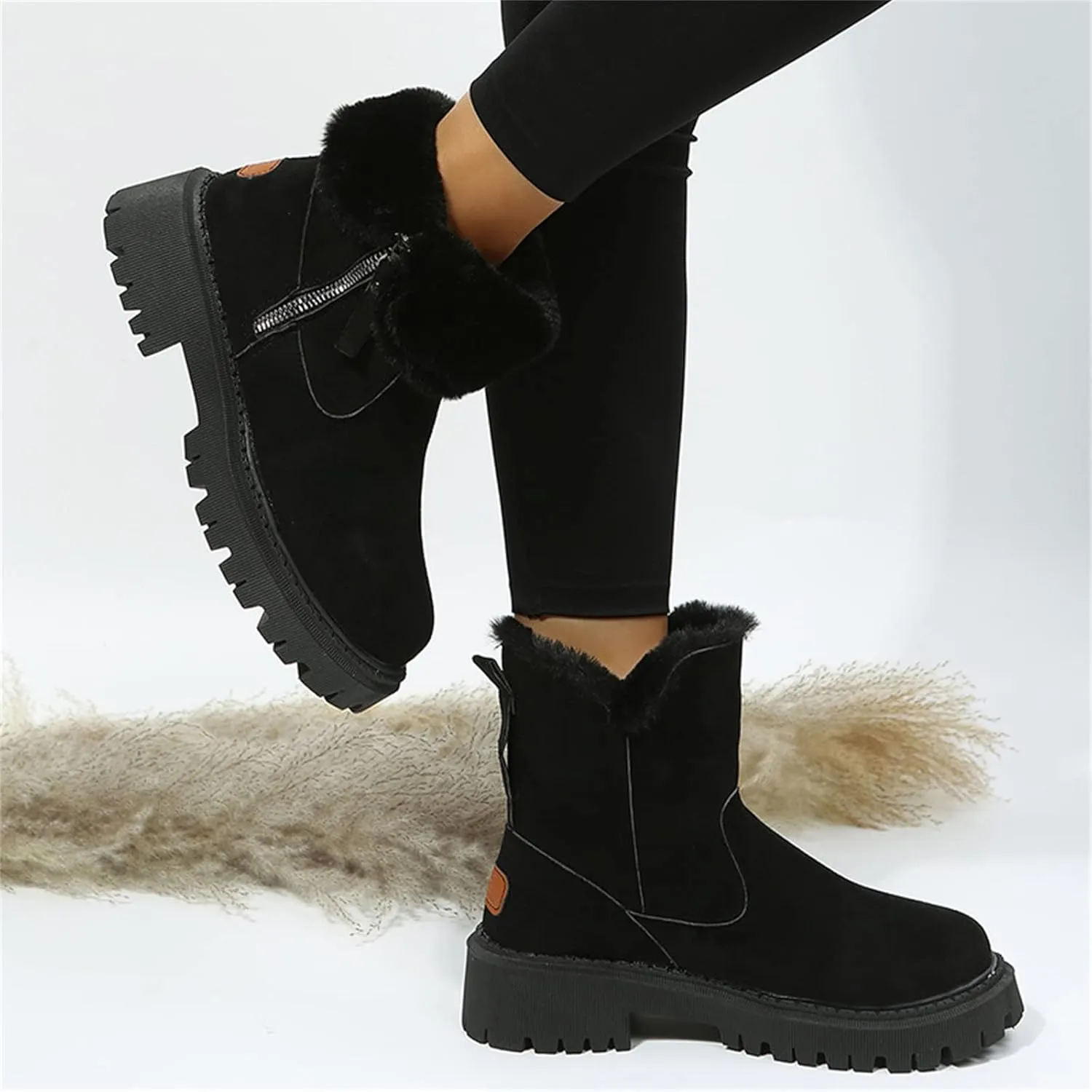 Ladmiple Snow Boots For Women Cute Tall Mid Calf Winter Warm Shoes Slip On Outdoor Fur Lined Fashion Casual Ankle Booties