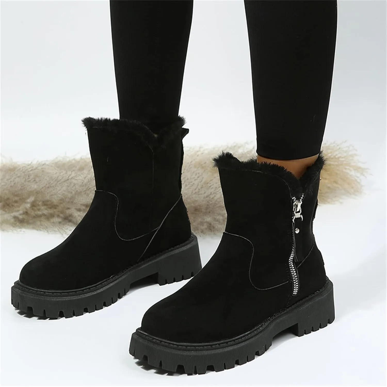Ladmiple Snow Boots For Women Cute Tall Mid Calf Winter Warm Shoes Slip On Outdoor Fur Lined Fashion Casual Ankle Booties