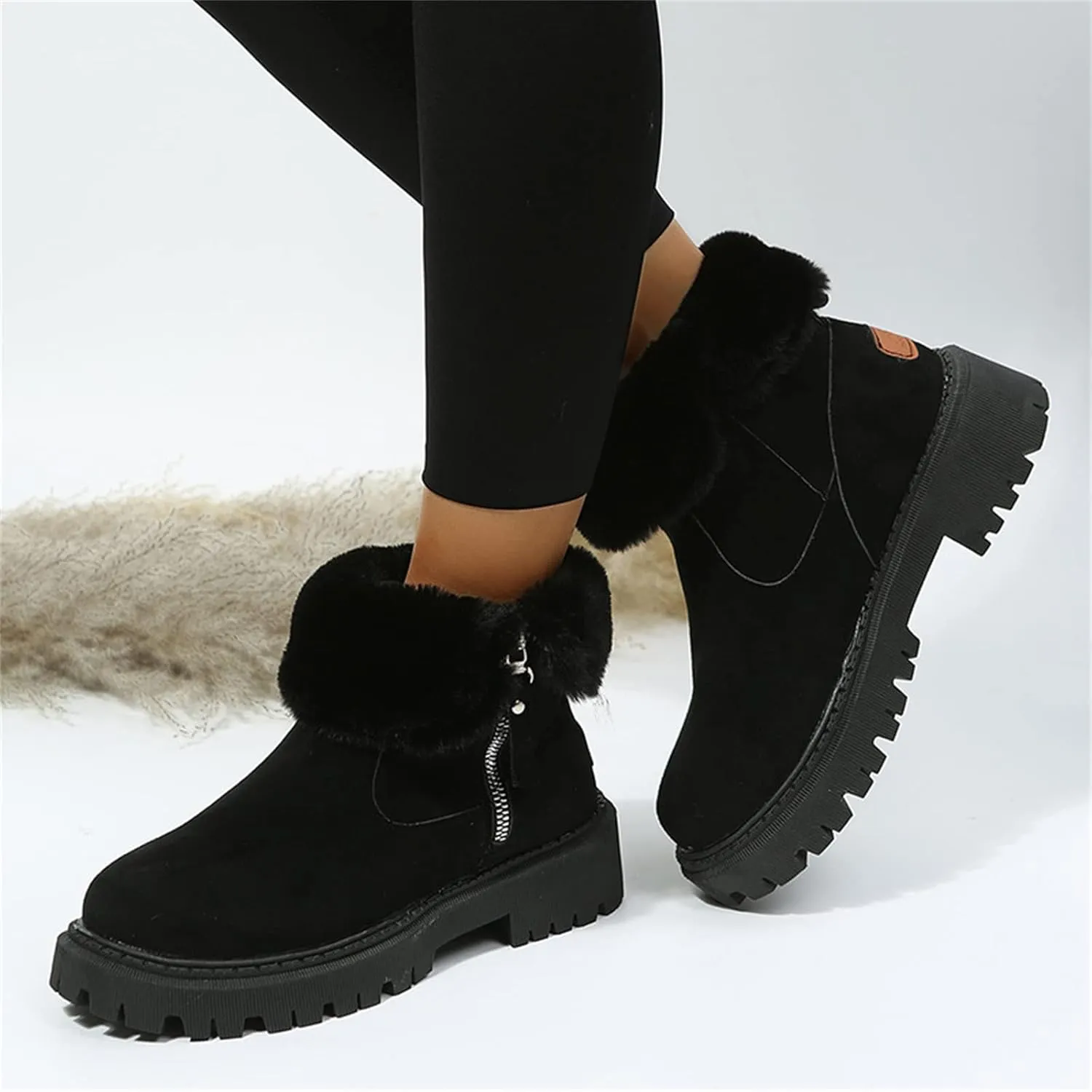 Ladmiple Snow Boots For Women Cute Tall Mid Calf Winter Warm Shoes Slip On Outdoor Fur Lined Fashion Casual Ankle Booties
