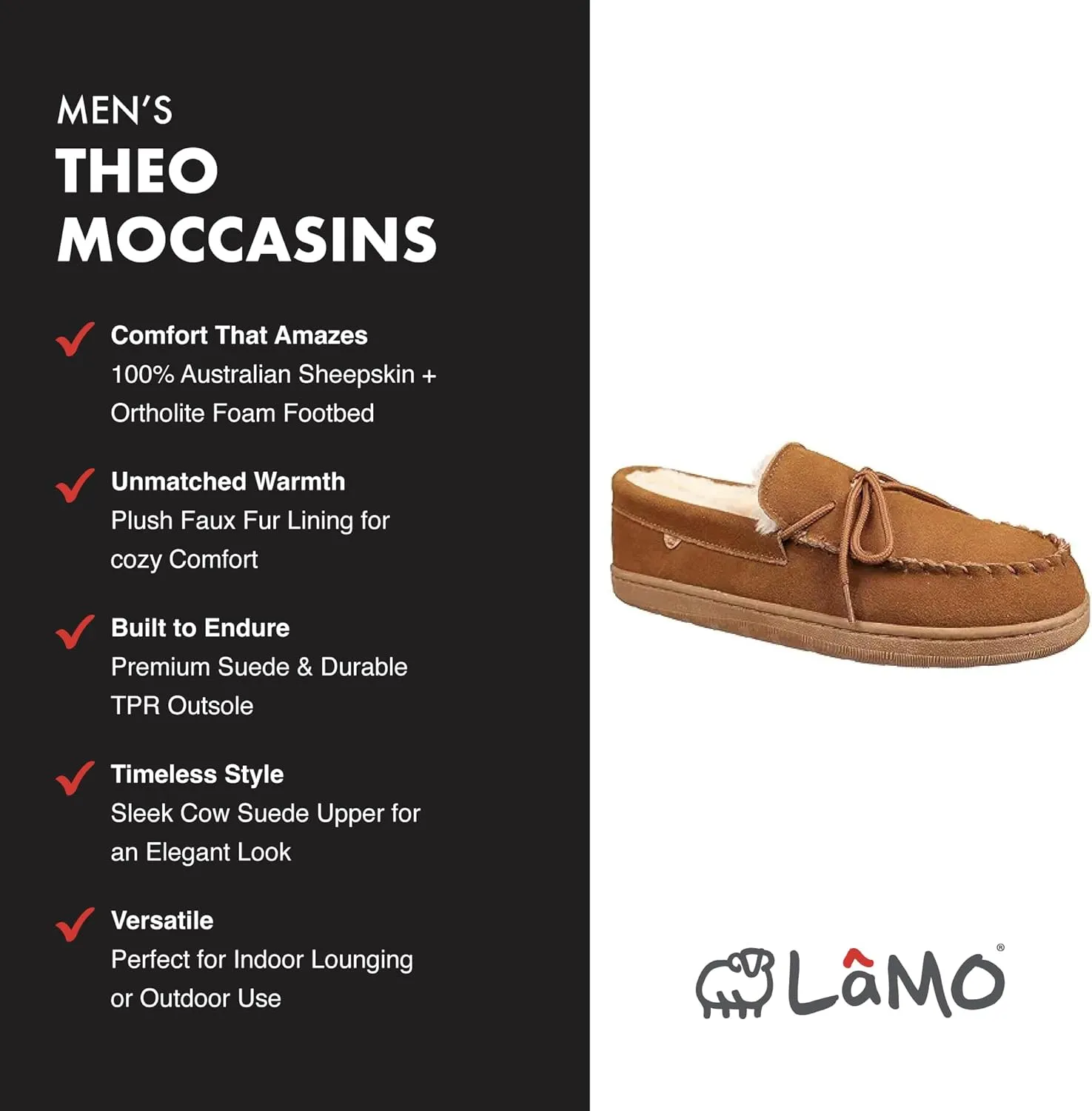 Lamo Men's Theo Moccasins for Men - Premium Suede Upper, Luxurious Faux Fur Lining, Ortholite Foam Footbed with Australian Sheepskin, TPR Outsole - The New Upgraded Men's Moc