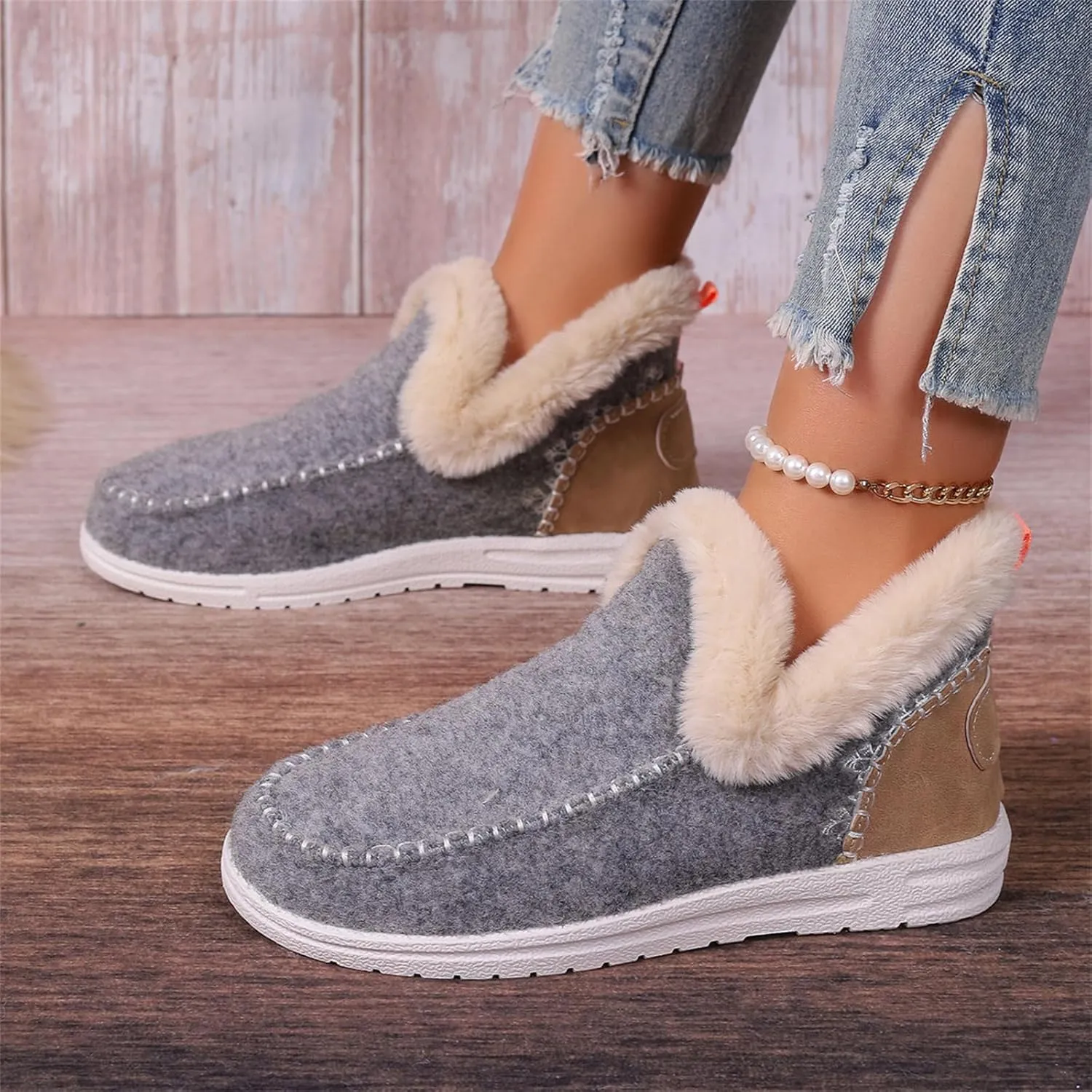 Lausiuoe Boots For Women Ankle Booties Warm Snow Winter Fuzzy Booties Flat Cute Silp On Comfortable Casual Loafers Shoes 2024