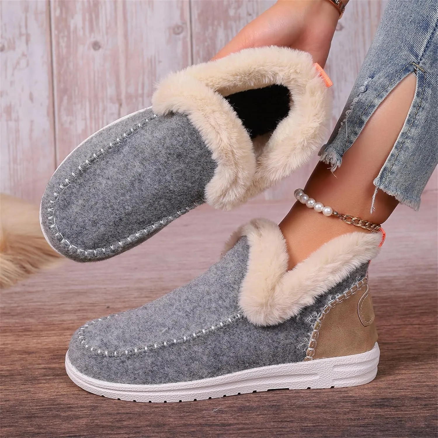 Lausiuoe Boots For Women Ankle Booties Warm Snow Winter Fuzzy Booties Flat Cute Silp On Comfortable Casual Loafers Shoes 2024