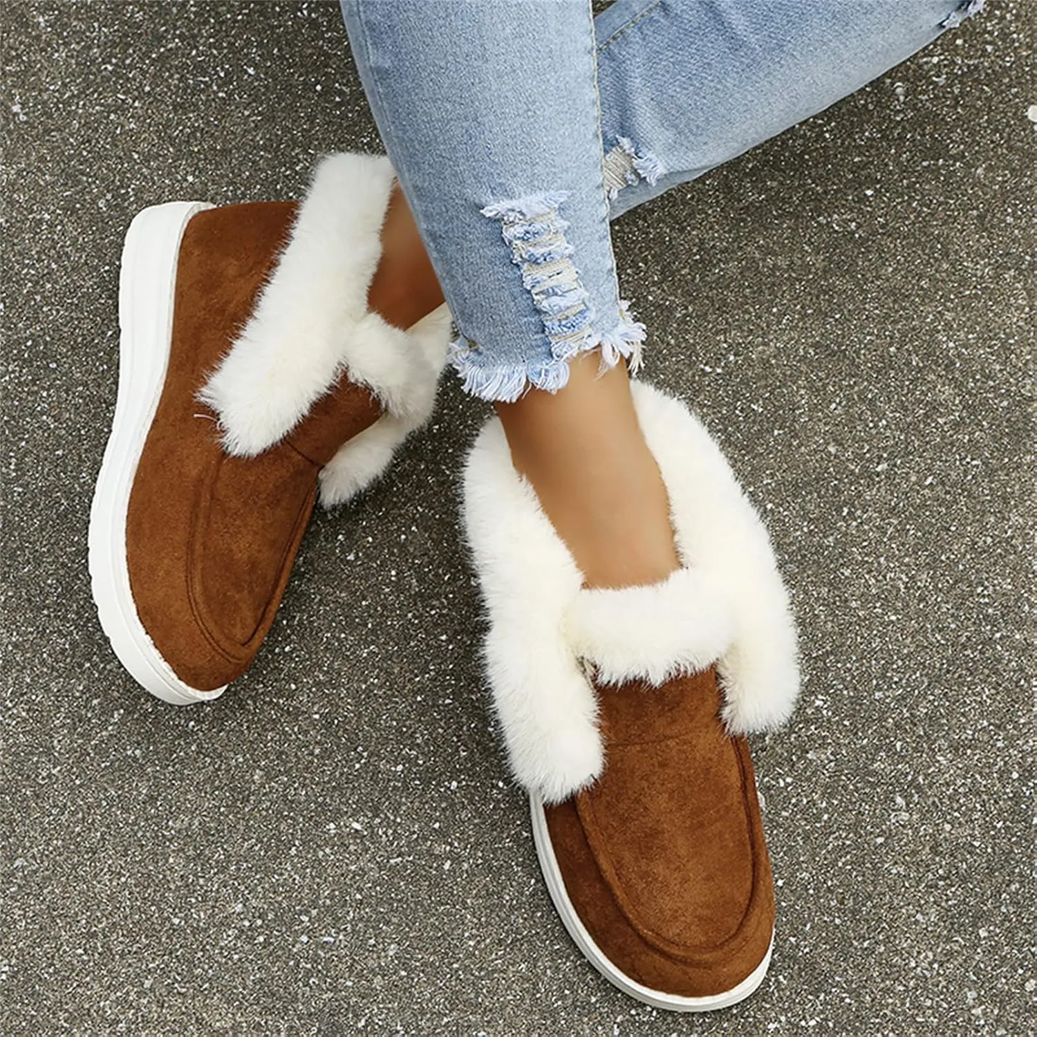 Lausiuoe Cute Winter Boots For Women Fashion Snow Boots Fur Lined Warm Fuzzy Ankle Booties Casual Slip On Loafers Shoes 2024