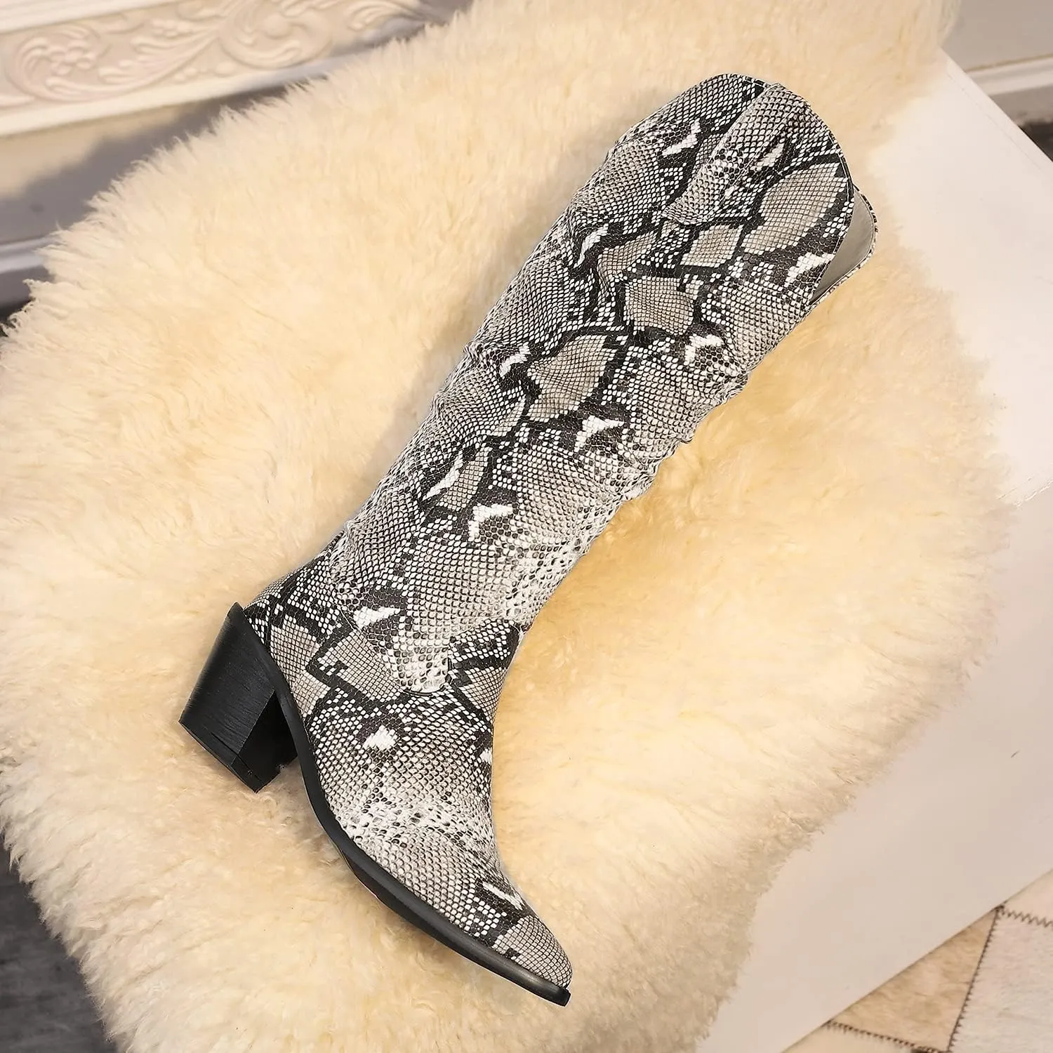 LEHOOR Women Knee High Western Boots Snakeskin Stacked Heel Pointed Toe Knee High Boots Cowboy Mid Calf 3 Chunky Heel Slouch Long Boots Pull On Animal Print Tall Boots Sexy Party Club Party 4-13 M US