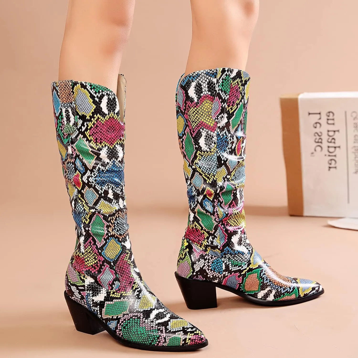 LEHOOR Women Knee High Western Boots Snakeskin Stacked Heel Pointed Toe Knee High Boots Cowboy Mid Calf 3 Chunky Heel Slouch Long Boots Pull On Animal Print Tall Boots Sexy Party Club Party 4-13 M US