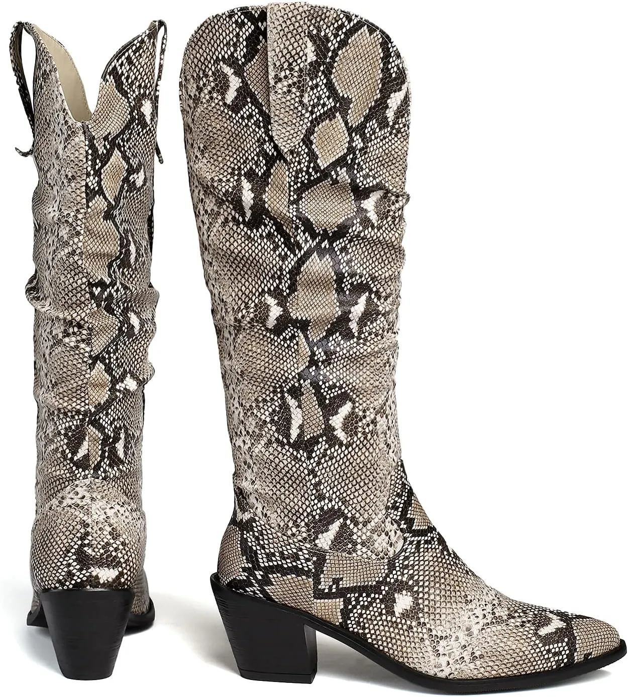 LEHOOR Women Knee High Western Boots Snakeskin Stacked Heel Pointed Toe Knee High Boots Cowboy Mid Calf 3 Chunky Heel Slouch Long Boots Pull On Animal Print Tall Boots Sexy Party Club Party 4-13 M US